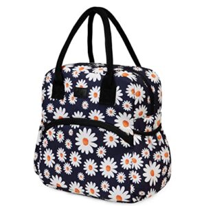 kasqo lunch box bag for women, insulated thermal reusable lunch cooler lunch tote with front pocket daisy