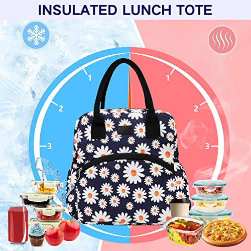 Kasqo Lunch Box Bag for Women, Insulated Thermal Reusable Lunch Cooler Lunch Tote with Front Pocket Daisy