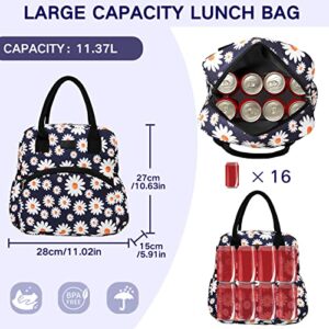 Kasqo Lunch Box Bag for Women, Insulated Thermal Reusable Lunch Cooler Lunch Tote with Front Pocket Daisy