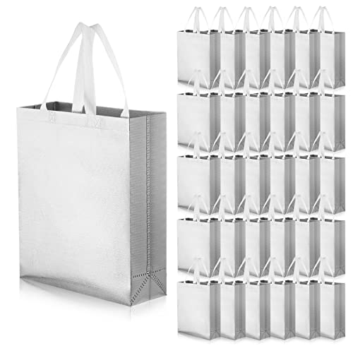 30 Pcs Silver Reusable Gift Bags Glossy Grocery Shopping Bags Reusable Tote Bag with Handles Non Woven Grocery Totes Glitter Gift Tote Bags for Bridesmaid Birthday Wedding Party, 11.8 x 3.9 x 13 Inch