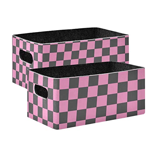 Checkerboard Pink Black Plaid Storage Basket Felt Storage Bin Collapsible Closet Baskets Decorative Baskets Organizer for Pet Supplies Magazine