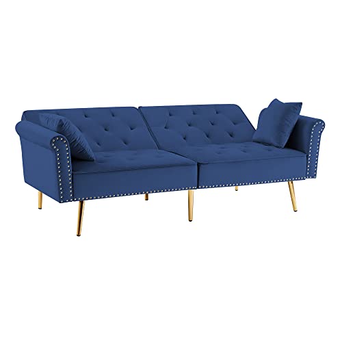 HomSof Futon Bed, Convertible Sleeper Tapered Metal Legs, Small Splitback Sofa for Living Room, 2-Seat, Blue