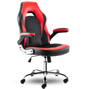 ergonomic gaming office chair - pu leather executive swivel computer desk chair with flip-up armrests and lumbar support for working, studying, gaming, grey