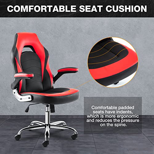 Ergonomic Gaming Office Chair - PU Leather Executive Swivel Computer Desk Chair with Flip-up Armrests and Lumbar Support for Working, Studying, Gaming, Grey