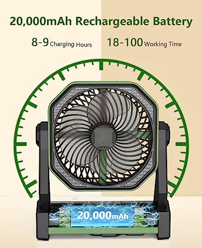 TDONE Camping Fan Portable Rechargeable Fan 20000mAh 8-Inch Battery Operated Fan with LED Lights & Hook, Personal Desk Fan for Home, Office, USB Battery Powered Fan for Tent, Camping, Fishing