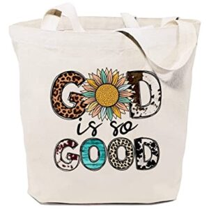 GXVUIS God is So Good Canvas Tote Bag for Women Aesthetic Sunflower Leopard Print Boho Reusable Shopping Bag Christian Gift White