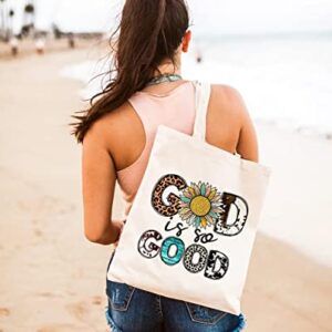 GXVUIS God is So Good Canvas Tote Bag for Women Aesthetic Sunflower Leopard Print Boho Reusable Shopping Bag Christian Gift White