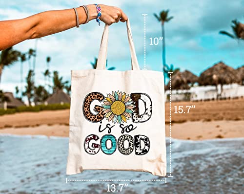 GXVUIS God is So Good Canvas Tote Bag for Women Aesthetic Sunflower Leopard Print Boho Reusable Shopping Bag Christian Gift White