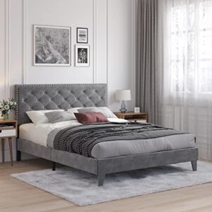 Queen Bed Frame with Headboard, Velvet Upholstered Platform Bed Frame with Adjustable Headboard, Button Tufted Headboard and Modern Riveted Decoration, Wood Slat Support, No Box Spring Needed, Easy Assembly