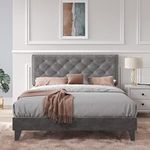 Queen Bed Frame with Headboard, Velvet Upholstered Platform Bed Frame with Adjustable Headboard, Button Tufted Headboard and Modern Riveted Decoration, Wood Slat Support, No Box Spring Needed, Easy Assembly
