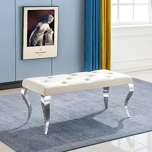 AZhome Bench, Beige Velvet Upholstered Dining Room Bench in Button Tufted, Exquisite Silver Stainless Steel Legs