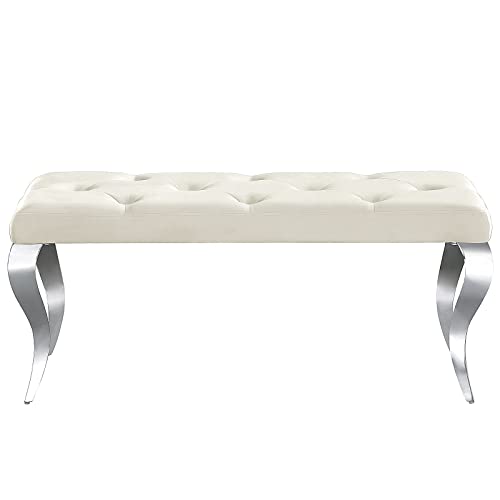 AZhome Bench, Beige Velvet Upholstered Dining Room Bench in Button Tufted, Exquisite Silver Stainless Steel Legs