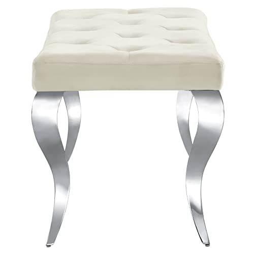 AZhome Bench, Beige Velvet Upholstered Dining Room Bench in Button Tufted, Exquisite Silver Stainless Steel Legs