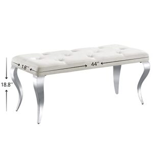 AZhome Bench, Beige Velvet Upholstered Dining Room Bench in Button Tufted, Exquisite Silver Stainless Steel Legs