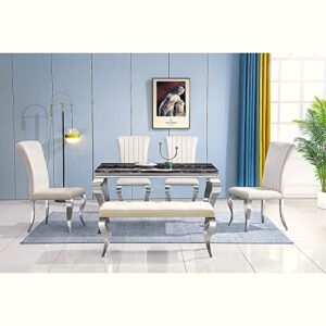 AZhome Bench, Beige Velvet Upholstered Dining Room Bench in Button Tufted, Exquisite Silver Stainless Steel Legs