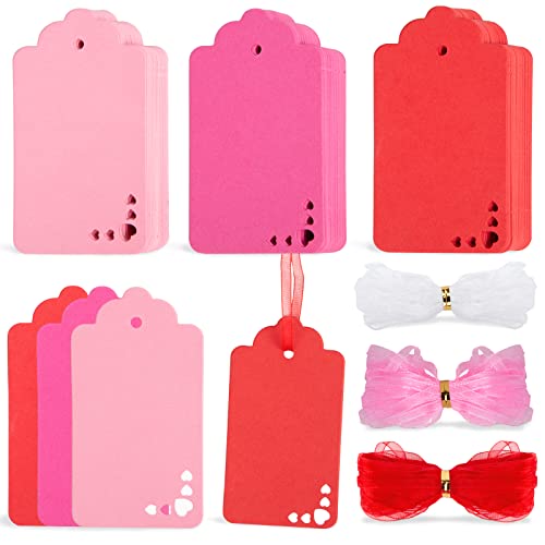 Koogel 120PCS Pink Gift Tags, Pink Heart Paper Tags Hollow Out Hanging Label with Organza Ribbons for Valentine's Day Wedding Party Gift Wrapping DIY Crafts Decoration