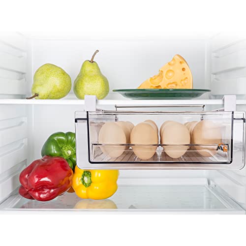 Modest Homeware Adjustable Fridge Organizer Food Storage Drawer - Strong Clear PET Plastic - Removable 28 Egg Holder Tray - Saves Space In Fridge - Fits Most Fridges - Easy Installation Transparent