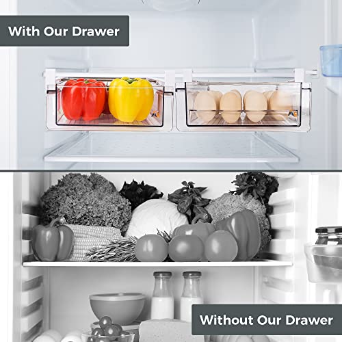 Modest Homeware Adjustable Fridge Organizer Food Storage Drawer - Strong Clear PET Plastic - Removable 28 Egg Holder Tray - Saves Space In Fridge - Fits Most Fridges - Easy Installation Transparent