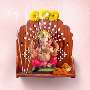 Wooden Temple Wall Mounted Hanging Table top Pooja Mandir God Stand Shelf for Home Office and Gifting (Ganesh)