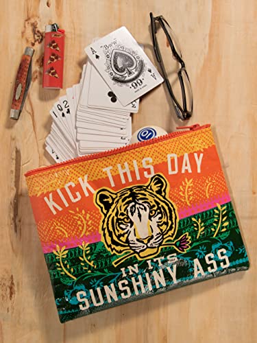 Blue Q Zipper Pouch, Kick This Day in its Sunshiny Ass. Chunky Sturdy Zipper, Easy-to-Wipe-Clean, Made from 95% Recycled Material. 7.25"h x 9.5"w