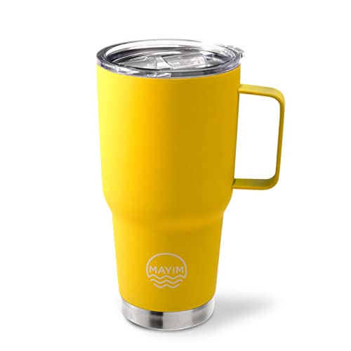 Mayim Large Travel Coffee Mug Tumbler with Clear Slide Lid and Handle, Reusable Vacuum Insulated Double-Wall Stainless-Steel Thermos, Fits in Cup Holder, 30oz., Neon Yellow