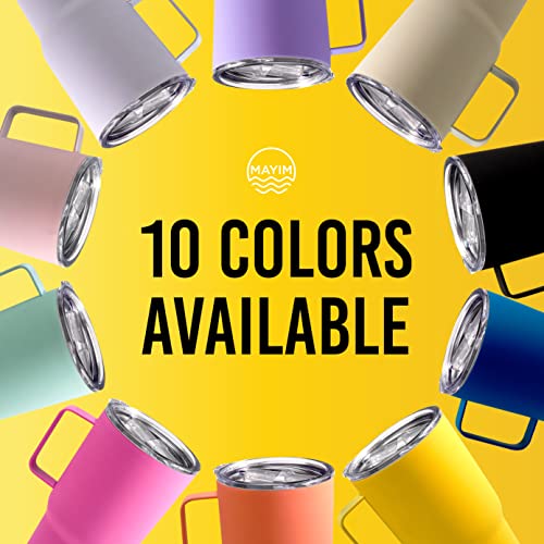 Mayim Large Travel Coffee Mug Tumbler with Clear Slide Lid and Handle, Reusable Vacuum Insulated Double-Wall Stainless-Steel Thermos, Fits in Cup Holder, 30oz., Neon Yellow