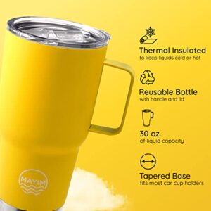 Mayim Large Travel Coffee Mug Tumbler with Clear Slide Lid and Handle, Reusable Vacuum Insulated Double-Wall Stainless-Steel Thermos, Fits in Cup Holder, 30oz., Neon Yellow