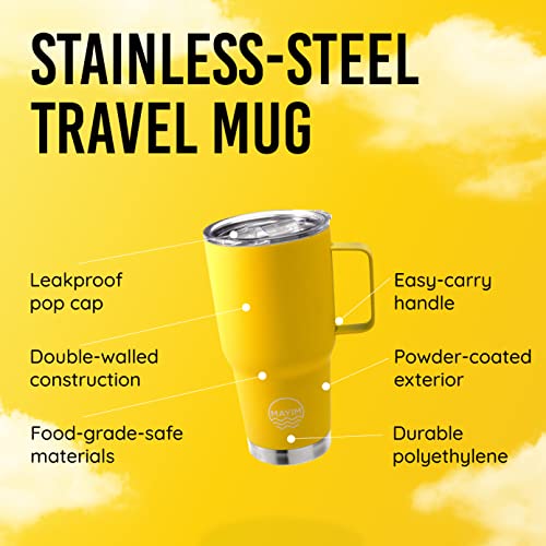 Mayim Large Travel Coffee Mug Tumbler with Clear Slide Lid and Handle, Reusable Vacuum Insulated Double-Wall Stainless-Steel Thermos, Fits in Cup Holder, 30oz., Neon Yellow