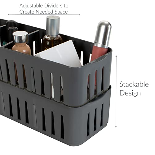 Simplify 2 Pack 4 Compartment Stackable Bin with Adjustable Dividers | Drawer Organizer | Storage Basket | Good for Office | Desk Supplies | Dorm |Bathroom | Accessories | Make Up | Grey