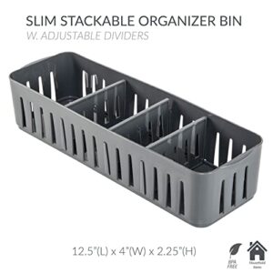 Simplify 2 Pack 4 Compartment Stackable Bin with Adjustable Dividers | Drawer Organizer | Storage Basket | Good for Office | Desk Supplies | Dorm |Bathroom | Accessories | Make Up | Grey