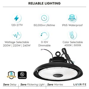 LUXRITE 200/220/250W UFO LED High Bay Light, Up to 35000 Lumens, 2 Colors 4000K 5000K, 5FT Hardwire Cable, Surge Protected, IP65, 120-277V, UL Certified - Warehouse Gym Factory Commercial Lighting