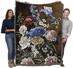 pure country weavers bouquet in blue blanket by nene thomas - gift for cat lovers - tapestry throw woven from cotton - made in the usa (72x54)