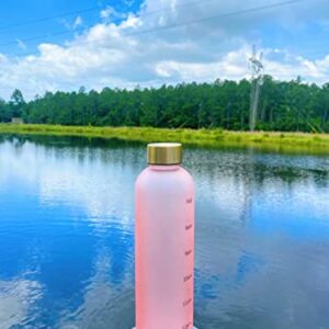 Water Bottle with Time Marker, 32oz 1 Liter, BPA Free Frosted Plastic, Reusable Water Bottle, Leakproof (Blush-Pink)