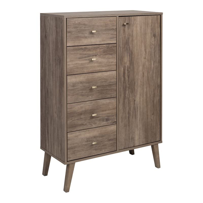 Prepac Milo Mid-Century 5 Drawer Combo Dresser, Chest of Drawers With Door, Bedroom Furniture, Clothes Storage with Shelves and Drawers, 16" D x 34.5" W x 49" H, Cherry, DDBR-1414-1