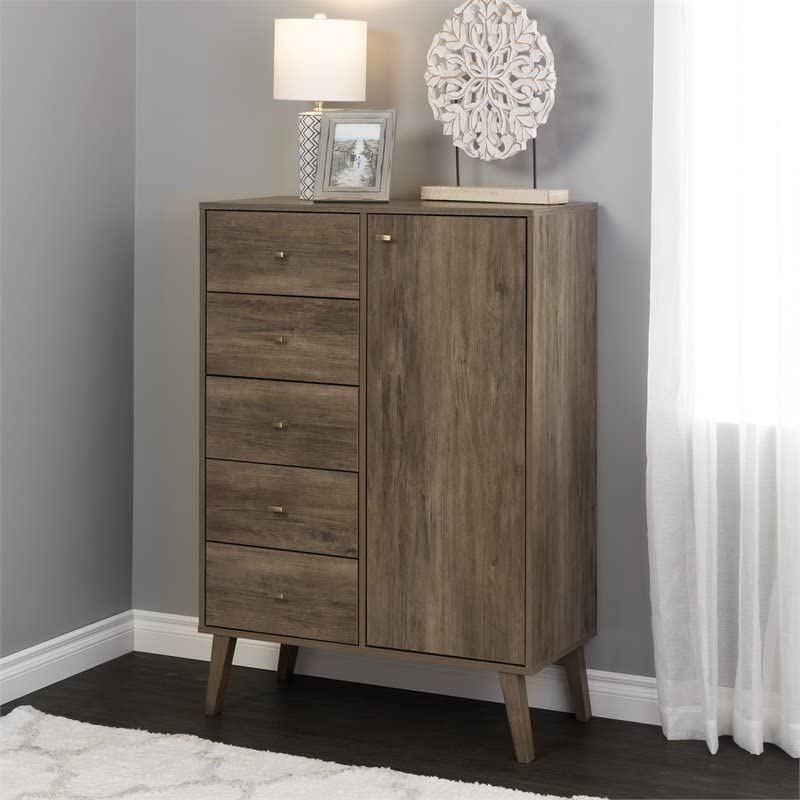 Prepac Milo Mid-Century 5 Drawer Combo Dresser, Chest of Drawers With Door, Bedroom Furniture, Clothes Storage with Shelves and Drawers, 16" D x 34.5" W x 49" H, Cherry, DDBR-1414-1