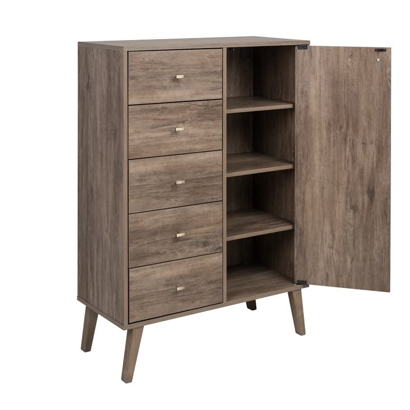 Prepac Milo Mid-Century 5 Drawer Combo Dresser, Chest of Drawers With Door, Bedroom Furniture, Clothes Storage with Shelves and Drawers, 16" D x 34.5" W x 49" H, Cherry, DDBR-1414-1