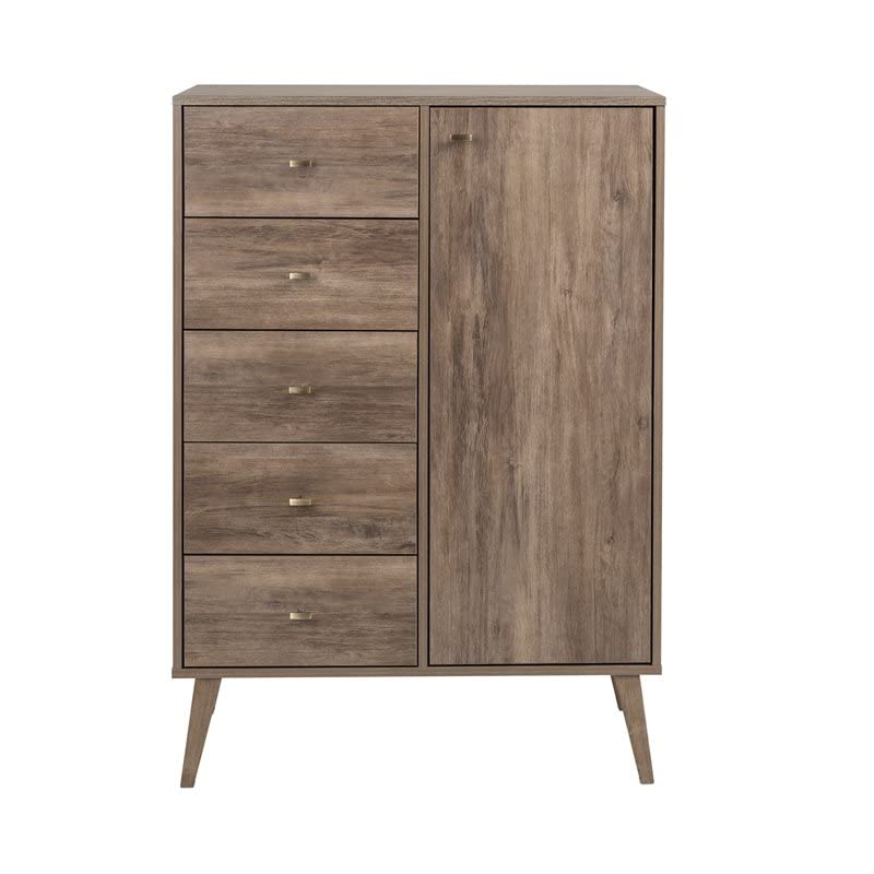 Prepac Milo Mid-Century 5 Drawer Combo Dresser, Chest of Drawers With Door, Bedroom Furniture, Clothes Storage with Shelves and Drawers, 16" D x 34.5" W x 49" H, Cherry, DDBR-1414-1