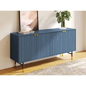 DG Casa Hemsby Mid Century Modern 4 Art Deco Doors Storage Compartment Gold Metal Handle Pull & Feet Buffet Cabinet Table Furniture for Living Room Kitchen Dining Entryway Hallway - Sideboard in Blue