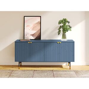 DG Casa Hemsby Mid Century Modern 4 Art Deco Doors Storage Compartment Gold Metal Handle Pull & Feet Buffet Cabinet Table Furniture for Living Room Kitchen Dining Entryway Hallway - Sideboard in Blue