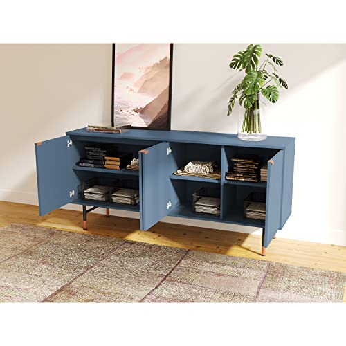 DG Casa Hemsby Mid Century Modern 4 Art Deco Doors Storage Compartment Gold Metal Handle Pull & Feet Buffet Cabinet Table Furniture for Living Room Kitchen Dining Entryway Hallway - Sideboard in Blue