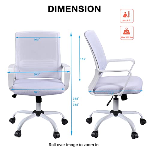 Ergonomic Home Office Desk Chairs, Mesh Chair with Lumbar Back Support Armrest, Height Adjustable Executive Rolling Swivel Computer Chair, Mid Back Task Chair for Home Office Work, White