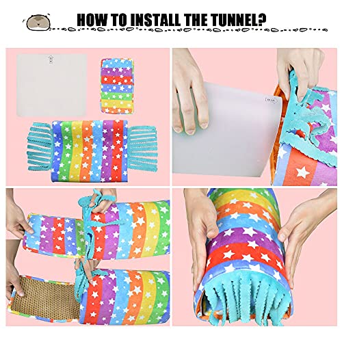 HOMEYA Guinea Pig Hideout Kit,Pet Hideout Play Tube Hideaway Bedding+Small Animal Bunkbed Hammock,Funny Toys and Cage Accessories for Ferret Rat Hamster Squirrel Chinchilla Sugar Glider-Rainbow