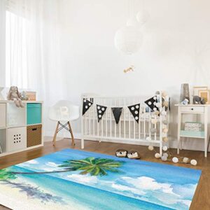 Large Rectangular Area Rugs 3' x 5' Living Room, Hand Painted Tropical Plants Coconut Tree Beach Blue Sky White Clouds Durable Non Slip Rug Carpet Floor Mat for Bedroom Bedside Outdoor