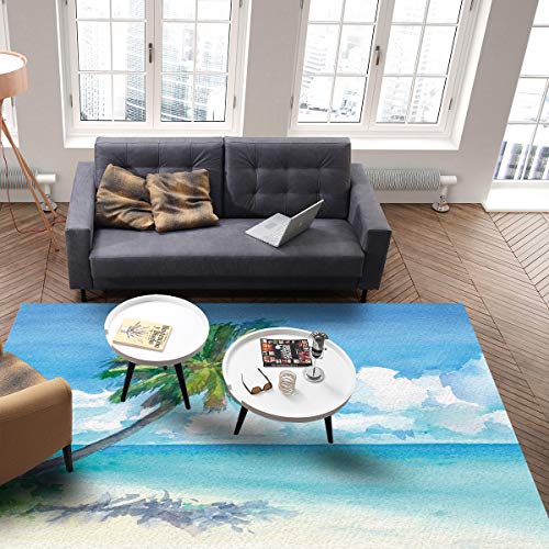 Large Rectangular Area Rugs 3' x 5' Living Room, Hand Painted Tropical Plants Coconut Tree Beach Blue Sky White Clouds Durable Non Slip Rug Carpet Floor Mat for Bedroom Bedside Outdoor