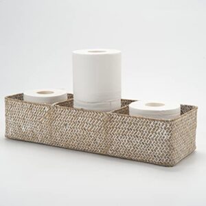 seagrass tank basket for toilet paper 3 sections woven storage basket with large compartment whitewash (16.5inch x 5.5inch x 3.5inch)