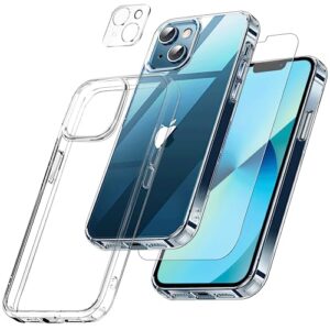 moloppo 4 in 1 designed for iphone 13 case crystal clear, [not-yellowing] with tempered glass screen protector + camera lens protector, [military-grade drop tested] shockproof slim cover 6.1 inch