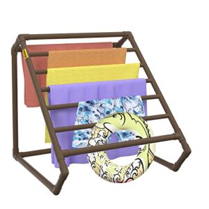 vevor pool towel rack, 8 bar, brown, freestanding outdoor pvc triangular poolside storage organizer, include 8 towel clips, mesh bag, hook, also stores floats and paddles, for beach, swimming pool