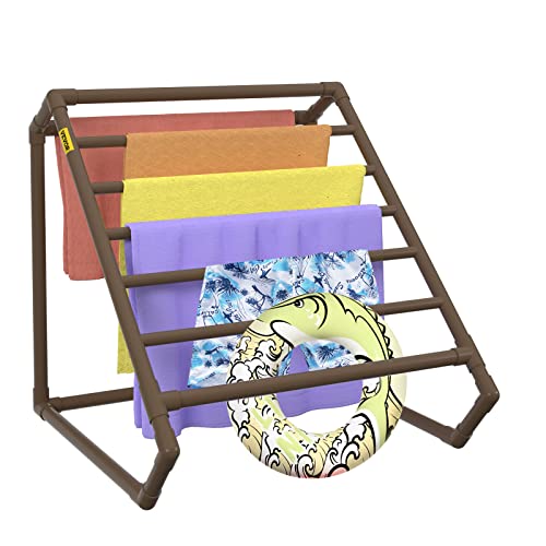 VEVOR Pool Towel Rack, 8 Bar, Brown, Freestanding Outdoor PVC Triangular Poolside Storage Organizer, Include 8 Towel Clips, Mesh Bag, Hook, Also Stores Floats and Paddles, for Beach, Swimming Pool