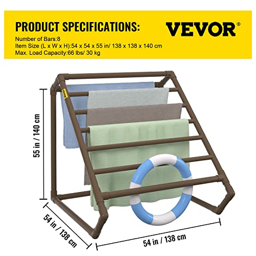 VEVOR Pool Towel Rack, 8 Bar, Brown, Freestanding Outdoor PVC Triangular Poolside Storage Organizer, Include 8 Towel Clips, Mesh Bag, Hook, Also Stores Floats and Paddles, for Beach, Swimming Pool