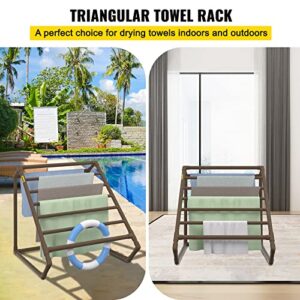 VEVOR Pool Towel Rack, 8 Bar, Brown, Freestanding Outdoor PVC Triangular Poolside Storage Organizer, Include 8 Towel Clips, Mesh Bag, Hook, Also Stores Floats and Paddles, for Beach, Swimming Pool